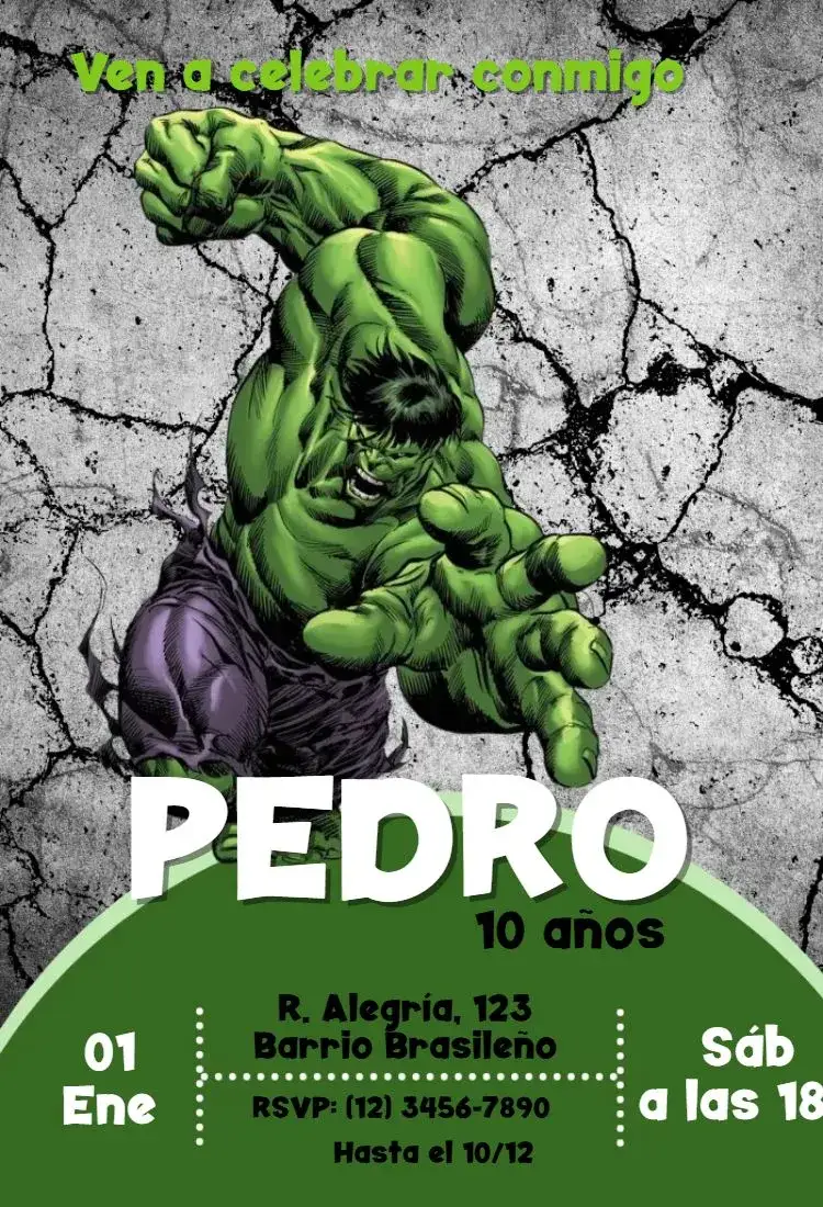 Invitación Hulk – tema Cumpleaños Infantil verde y morado, superhéroe, estilo caricatura, vibrante, divertido, dinámico