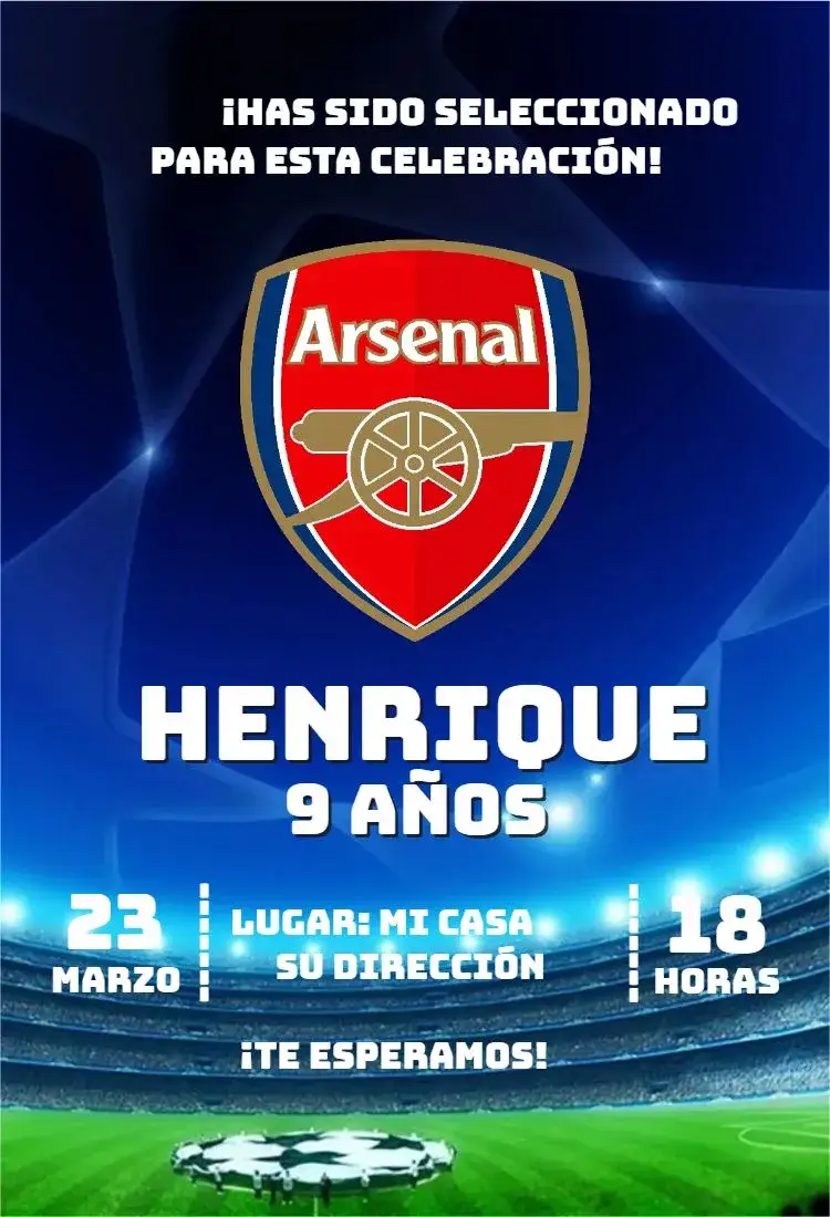 Invitación Arsenal 1 – tema Cumpleaños fútbol, deportes, estadio