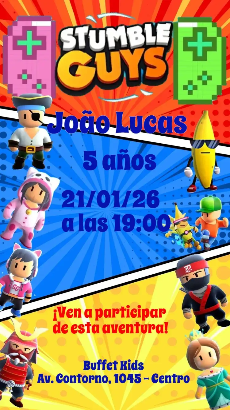 Invitación Stumble Guys – tema Cumpleaños Infantil colorido, divertido, lúdico, moderno, jogos, infantil