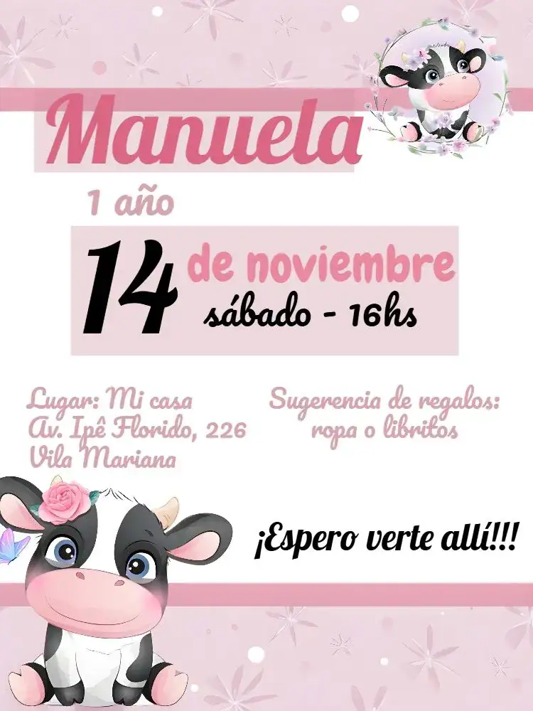 Invitación Vaquita Rosa Marrón – tema Fechas Conmemorativas granja, vintage, colorido, infantil, lúdico, animales