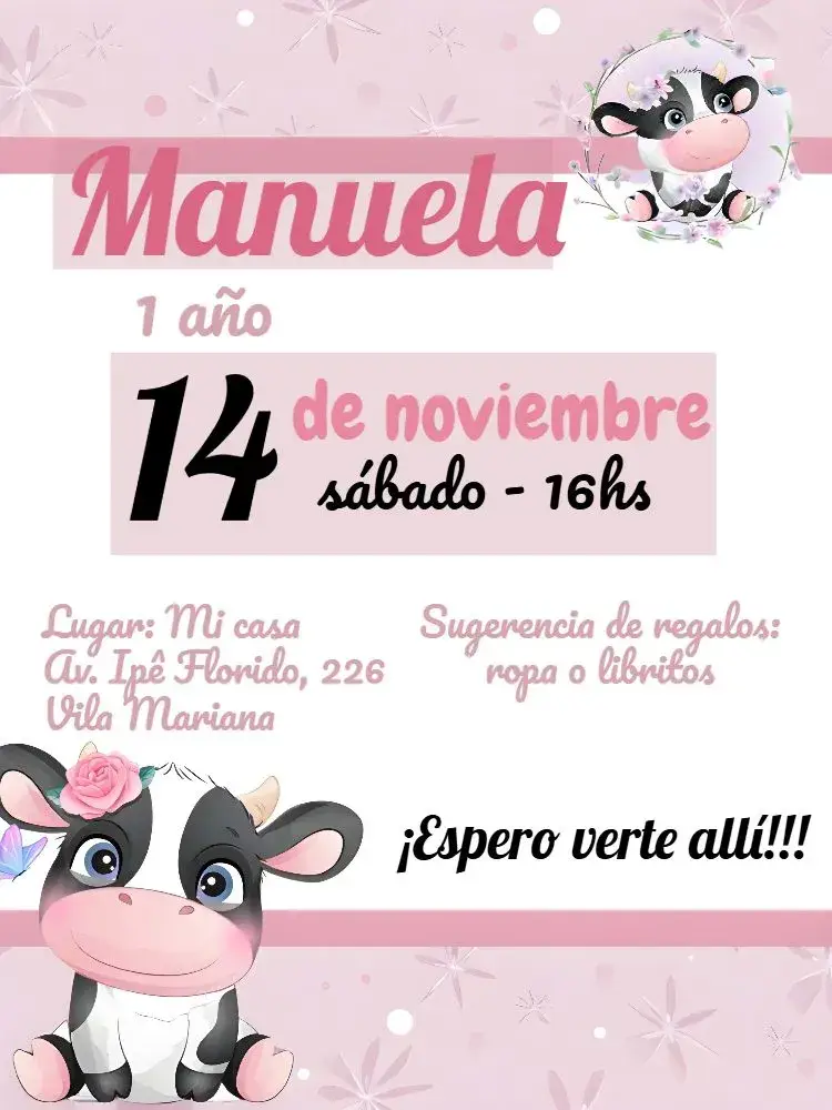 Invitación Vaquita Rosa Marrón
