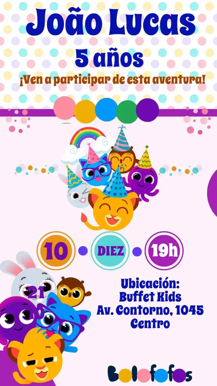 Invitación Bolofofos – tema Cumpleaños Infantil colorido, divertido, juguetón, ilustraciones infantiles, vibrante, tema de fiesta