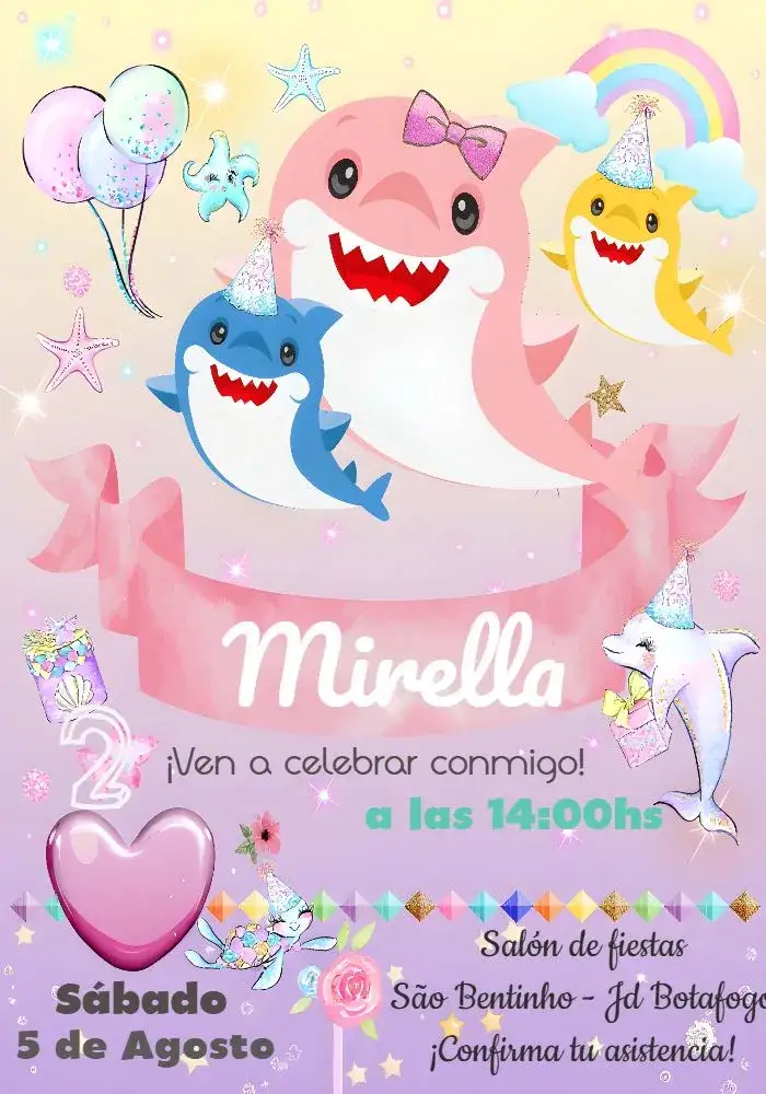 Invitación Baby Shark Png – tema Fechas Conmemorativas rosa, tema infantil, azul marino, divertido, colorido, animado