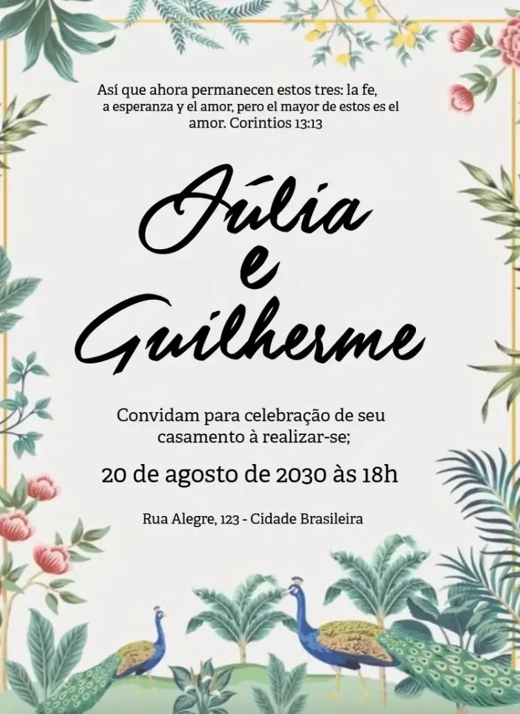 Invitación Naturaleza y pavos reales editable y personalizable