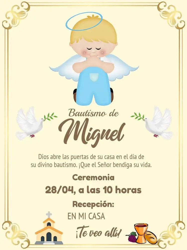 Invitación Bautismo Angelito Primera – tema Primera Comunión delicado, angelical, suave, pastel, infantil