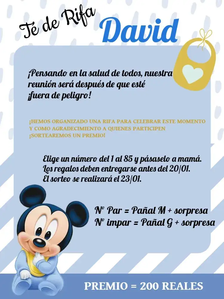 Invitación Té Rifa Mickey Mouse Bebé Babero – tema Té Rifa Mickey Mouse, azul, blanco, dorado, negro, infantil