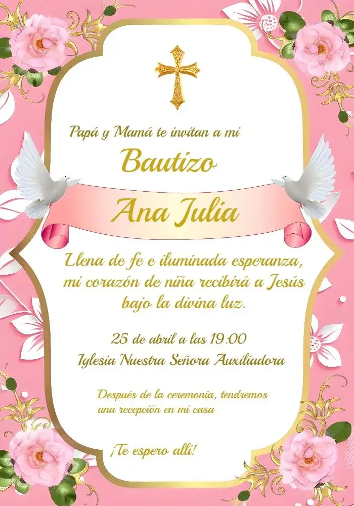 Invitación Bautizo De Niña Dorado – tema Bautismo dorado, rosa, minimalista, infantil, elegante