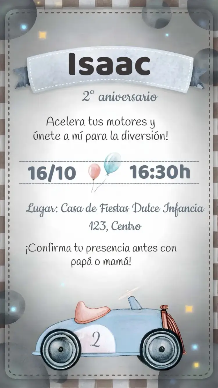Invitación Carro Acuarela 1 – tema Fechas Conmemorativas acuarela, azul, infantil, lúdico, coches, fiesta temática