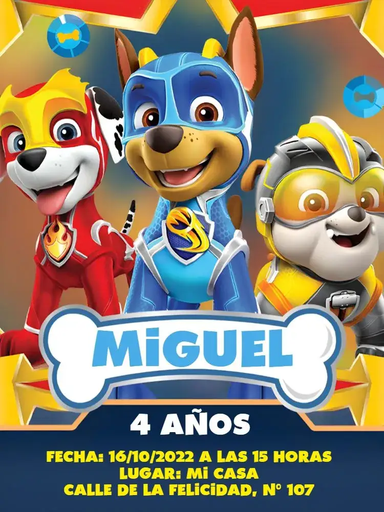 Invitación Patrulla Canina Azul – tema Cumpleaños Infantil azul, dorado, blanco, temático, infantil