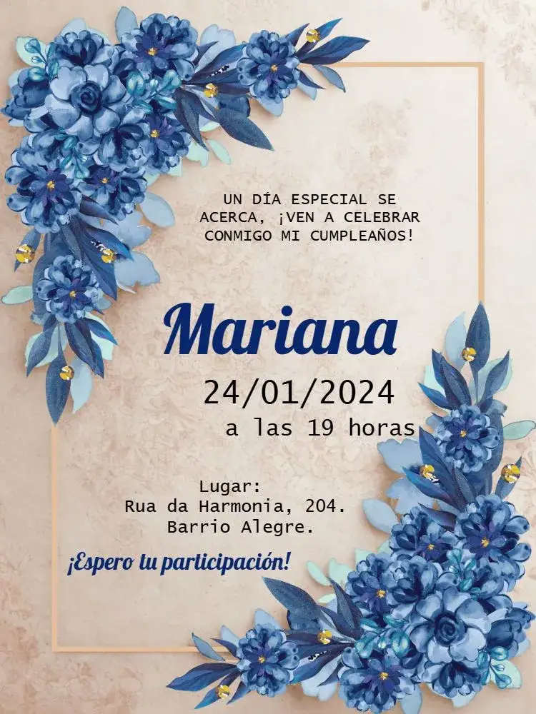 Invitación Floral Azul Dorado – tema Cumpleaños floral, elegante, dorado, moderno, vibrante, sofisticado