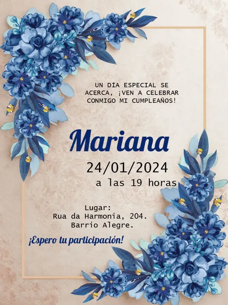 Invitación Floral Azul Dorado editable y personalizable