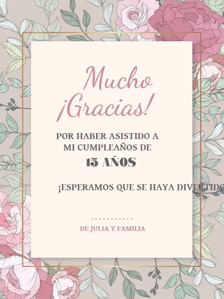 Invitación Tarjeta De Agradecimiento Presencia 15 Años Floral Gratitud – tema Tarjeta floral, delicado, femenino, claro, romántico, moderno