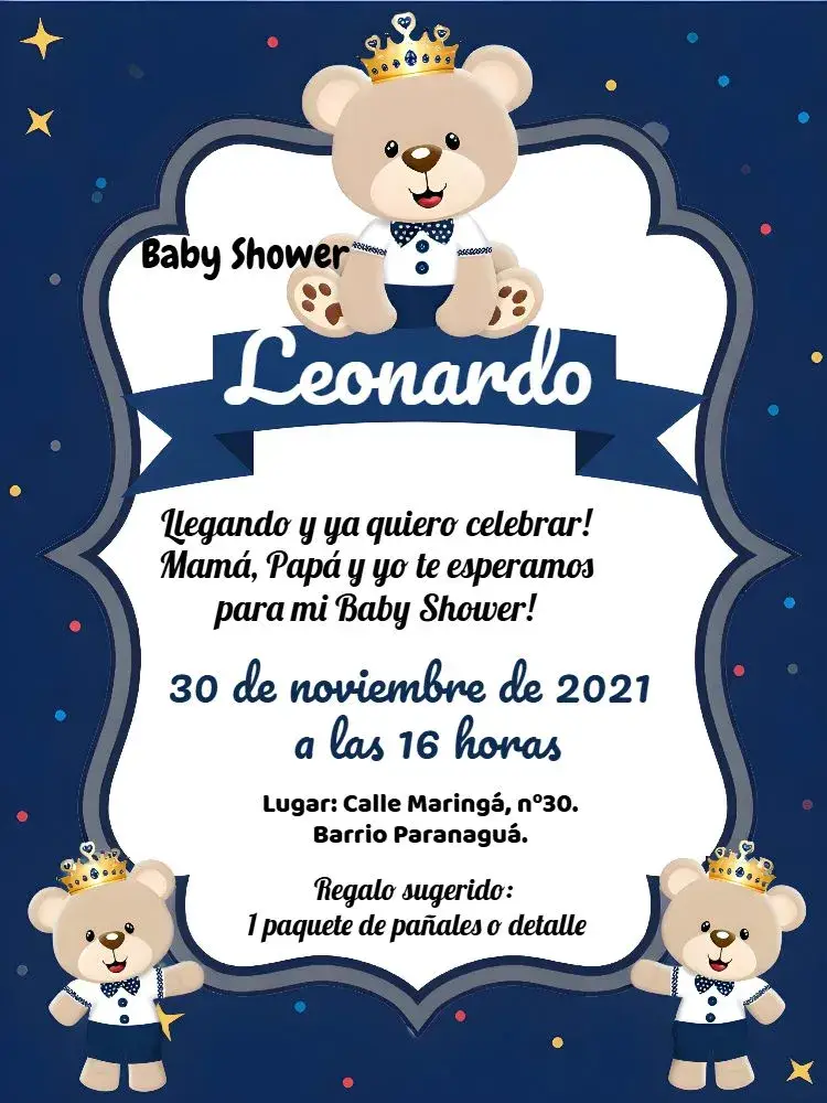 Invitación Baby Shower Príncipe Carrito Osito