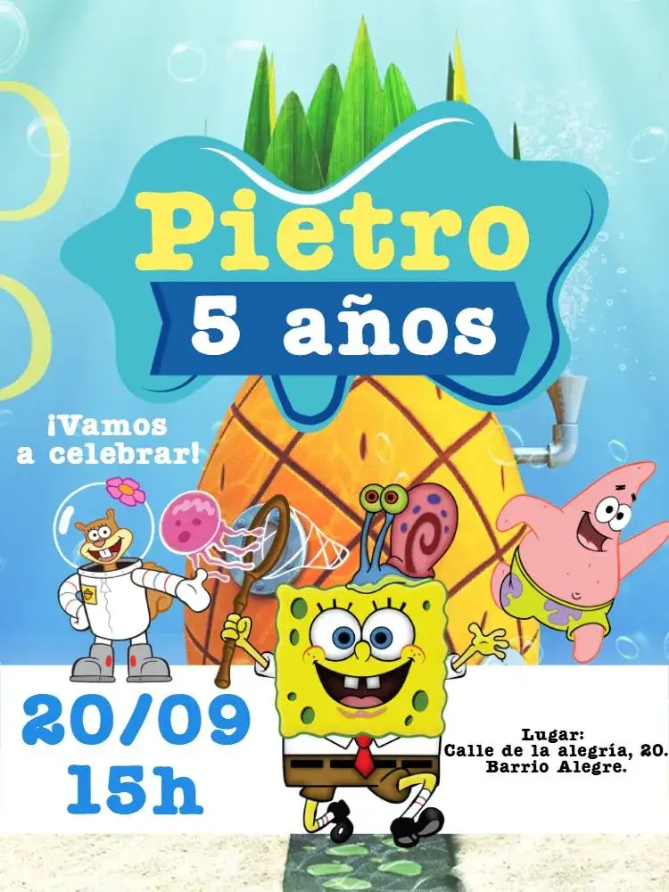 Invitación Cumpleaños de Bob Esponja – tema Cumpleaños Infantil colorido, marino, divertido, infantil, animado, temático