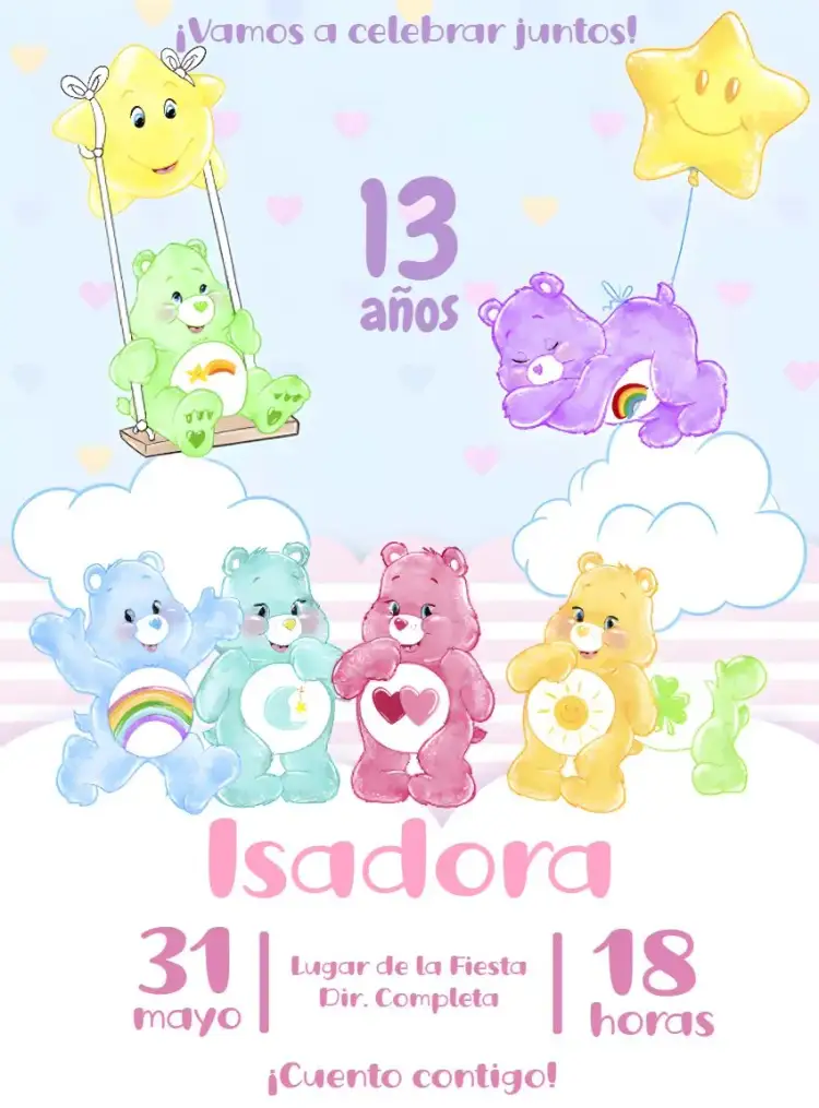 Invitación Ositos Cariñosos con Purpurina – tema Cumpleaños Infantil colorido, brillante, infantil, divertido, lúdico, encantador