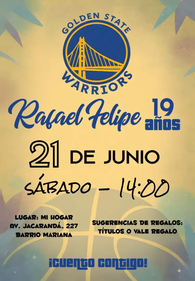 Invitación Golden State Warriors Nba Infantil – tema Cumpleaños Infantil colorido, deportivo, moderno, juvenil, dinámico
