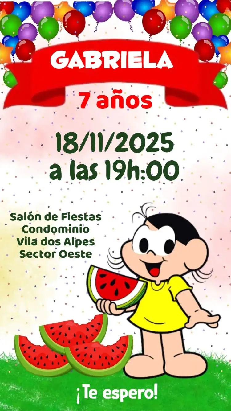 Invitación Magali – tema Cumpleaños Infantil colores vibrantes, estilo divertido, elementos gráficos de la infancia, diseño alegre, temas coloridos, ilustraciones lúdicas