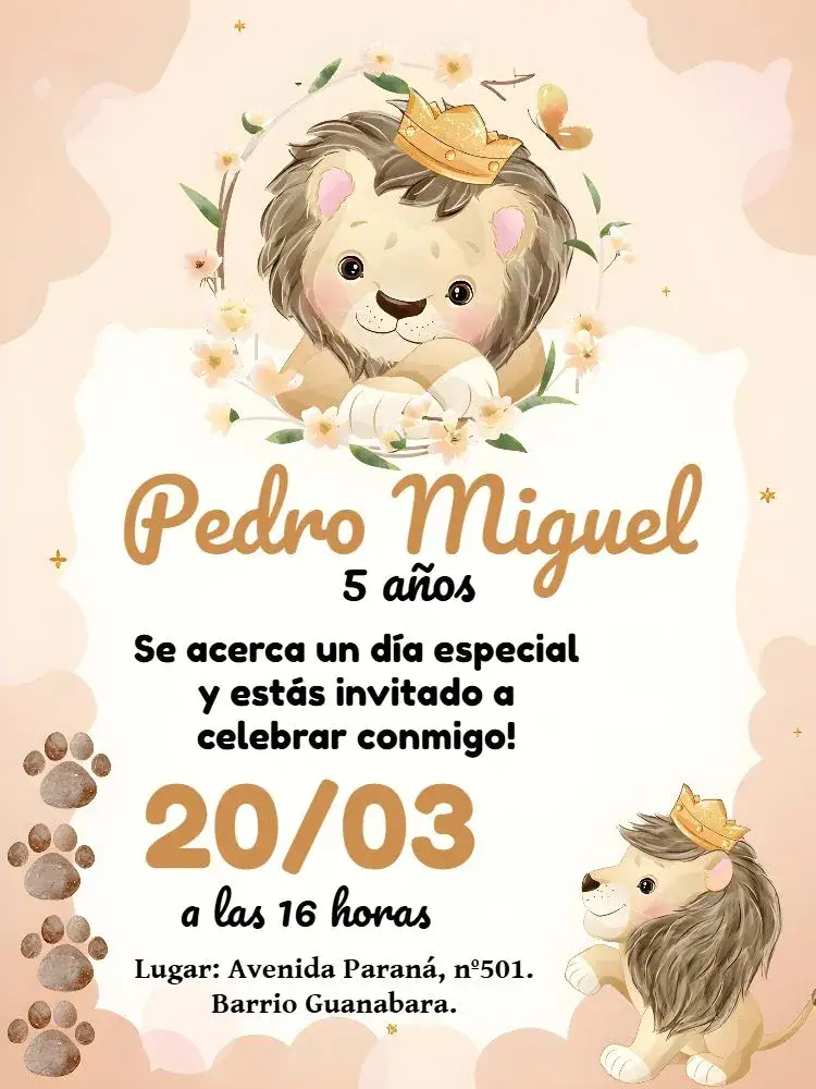 Invitación Leóncito Realeza – tema Cumpleaños Infantil marrón, negro, animales, safari, realeza