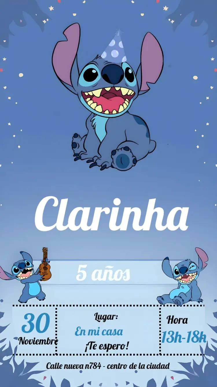Invitación Stitch – tema Cumpleaños Infantil tropical, colorido, divertido, ilustrativo, infantil
