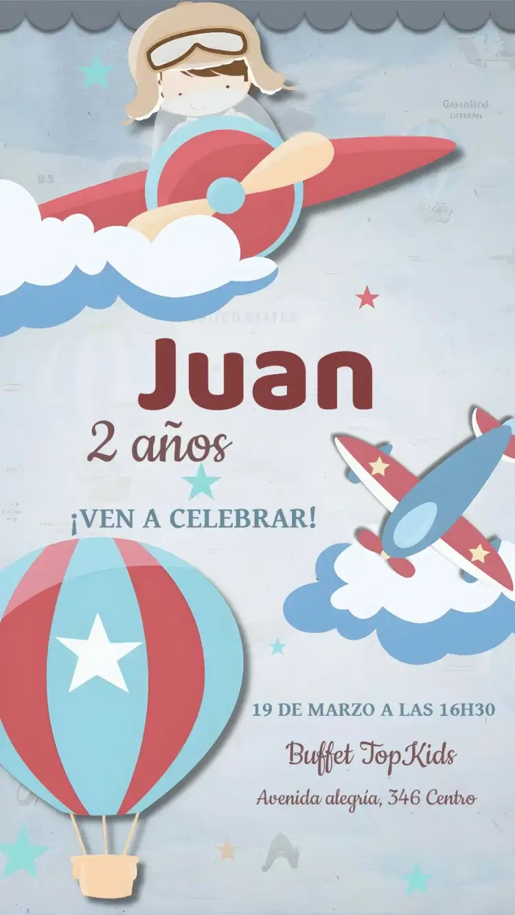 Invitación Primera Vuelta Al Mundo Aviador – tema Primera Comunión aviador, colorido, infantil, lúdico, moderno