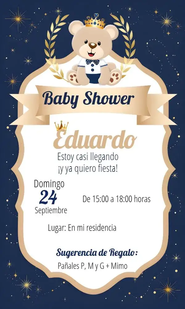 Invitación Baby Shower Oso Príncipe Realeza – tema Baby Shower dorado, realeza, infantil, encantador, elegante, tierno