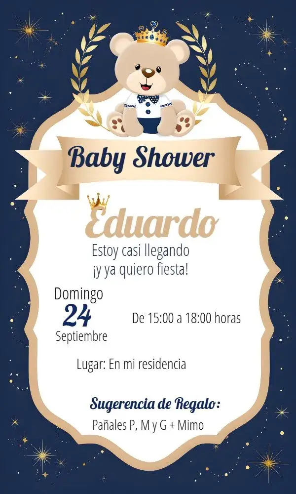 Invitación Baby Shower Oso Príncipe Realeza