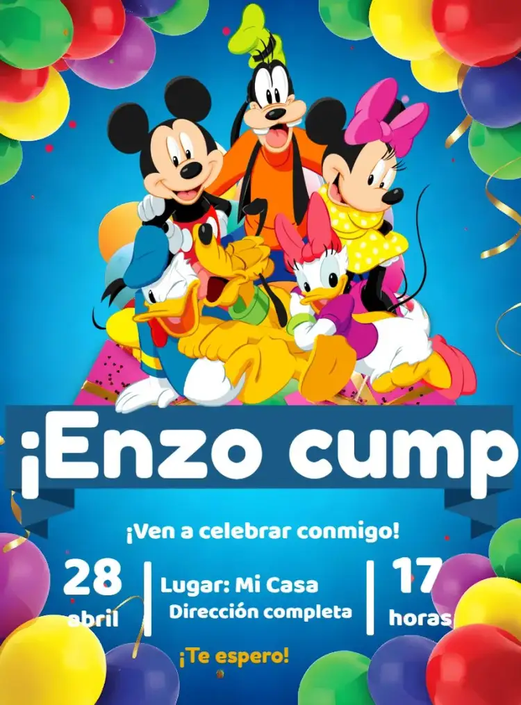 Invitación Grupo De Mickey Azul – tema Cumpleaños Infantil azul, blanco, lúdico, divertido, infantil