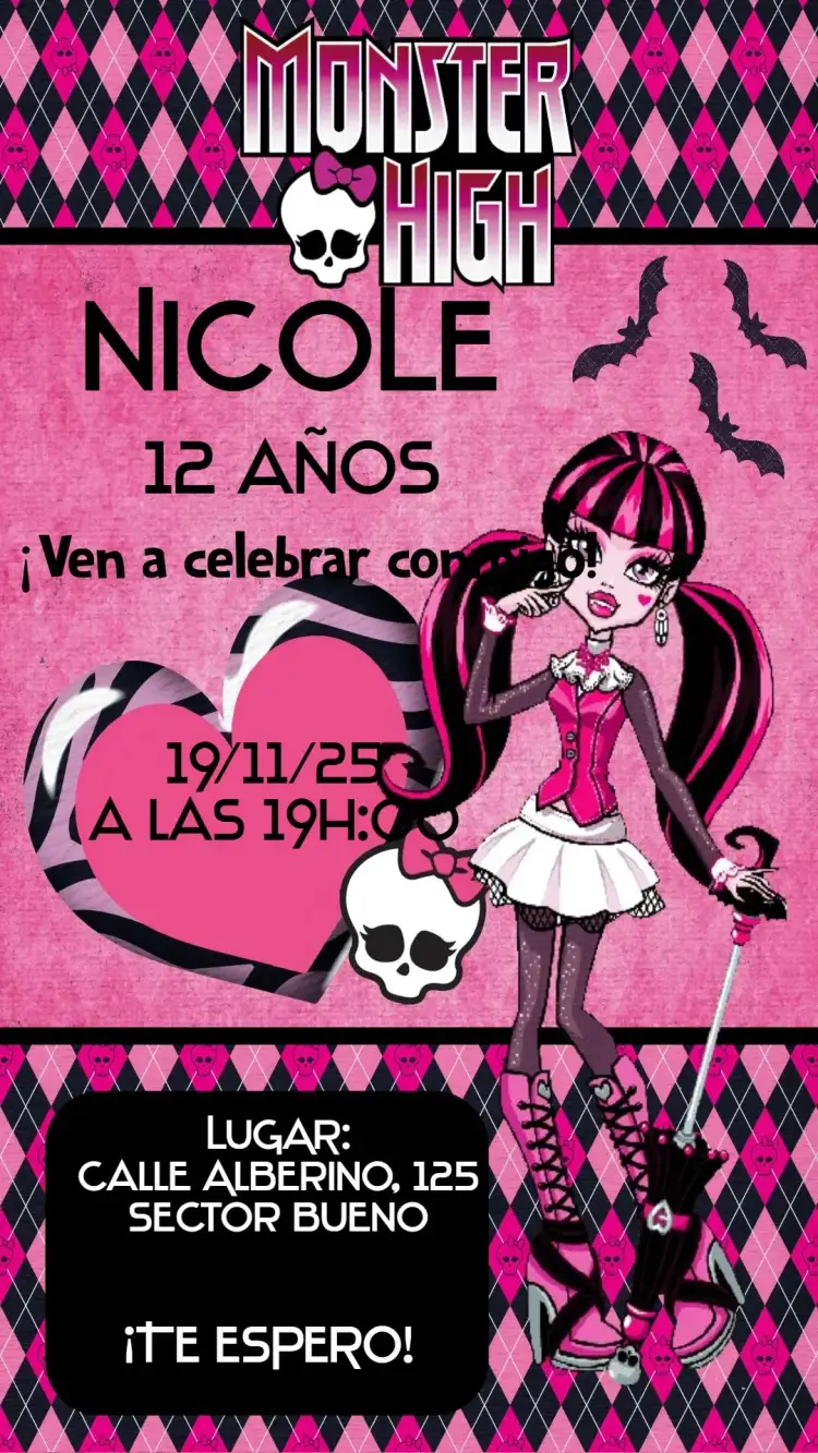 Invitación Monster High – tema Cumpleaños monstruos, divertido, colorido, temático, arte pop