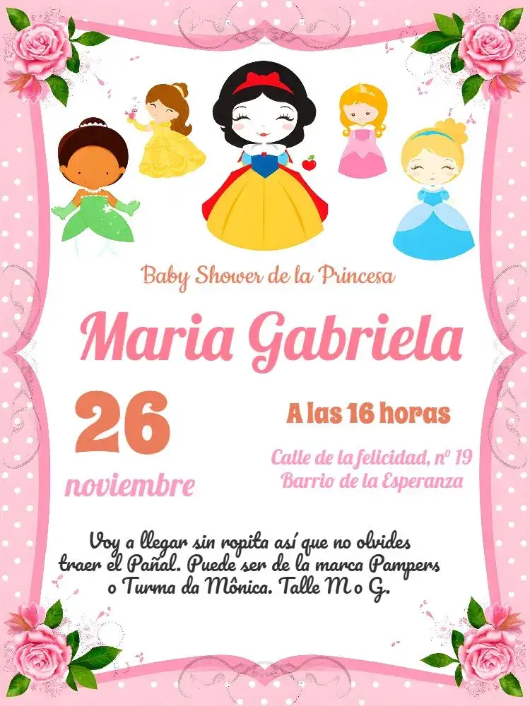 Invitación Baby Shower Princesas de Disney Naranja – tema Baby Shower acuarela, floral, moderno, colorido, temático, infantil
