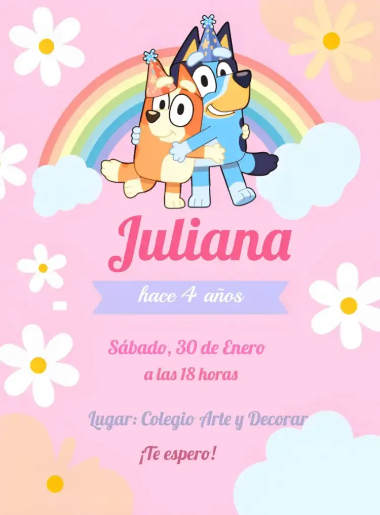 Invitación Bluey Y Bingo Chica – tema Más buscados colorido, lúdico, floral, moderno, divertido, infantil