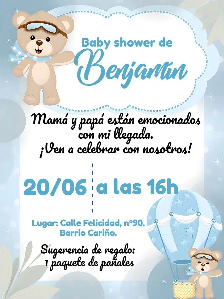 Invitación Baby Shower Osito Globos Blanco