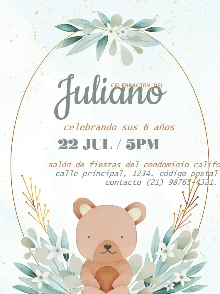 Invitación Oso Floral Masculino editable y personalizable