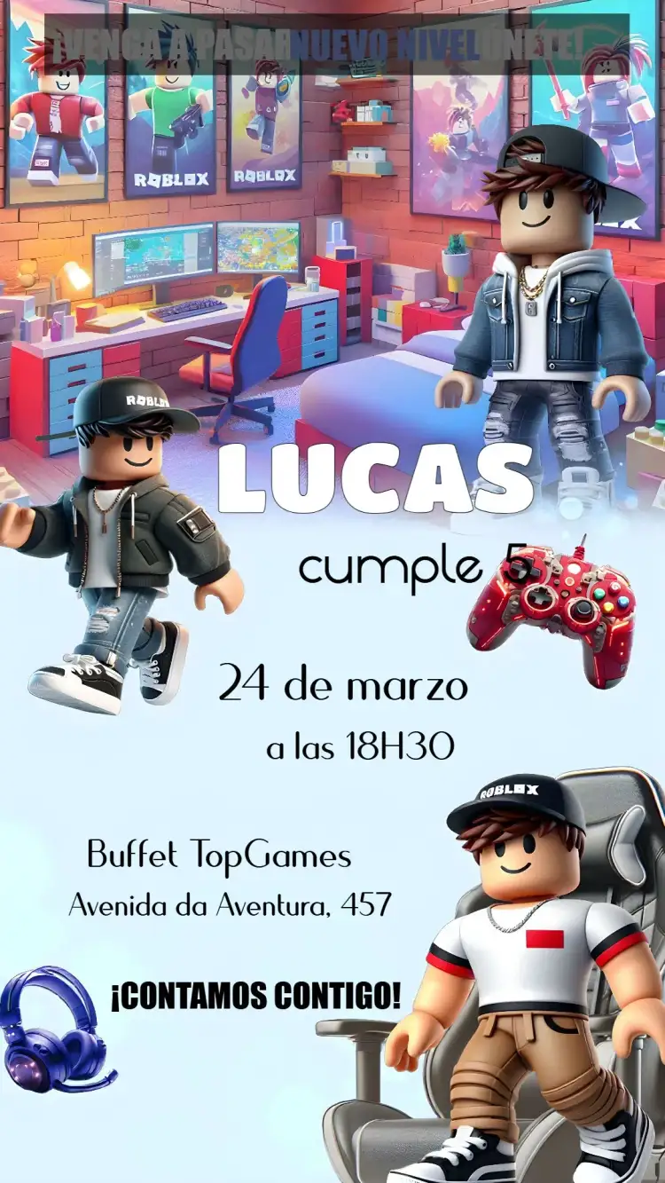 Invitación Roblox Chico Robux – tema Más buscados jugador, azul, moderno, divertido, infantil
