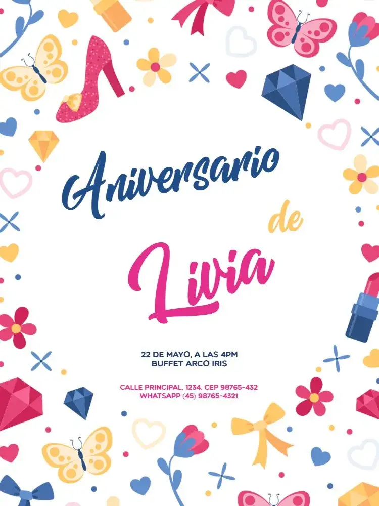 Invitación Delicado Lúdico – tema Cumpleaños Infantil colorido, lúdico, femenino, floral, juguetón
