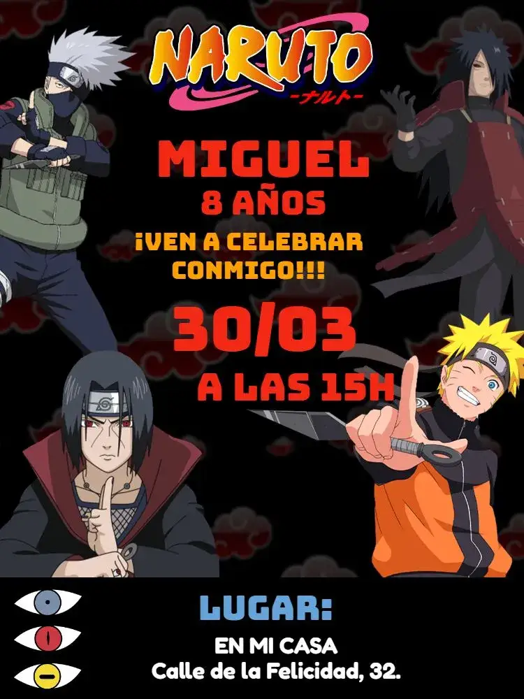 Invitación Naruto Rojo – tema Cumpleaños Infantil rojo, amarillo, anime, ninja, Konoha, dibujo animado