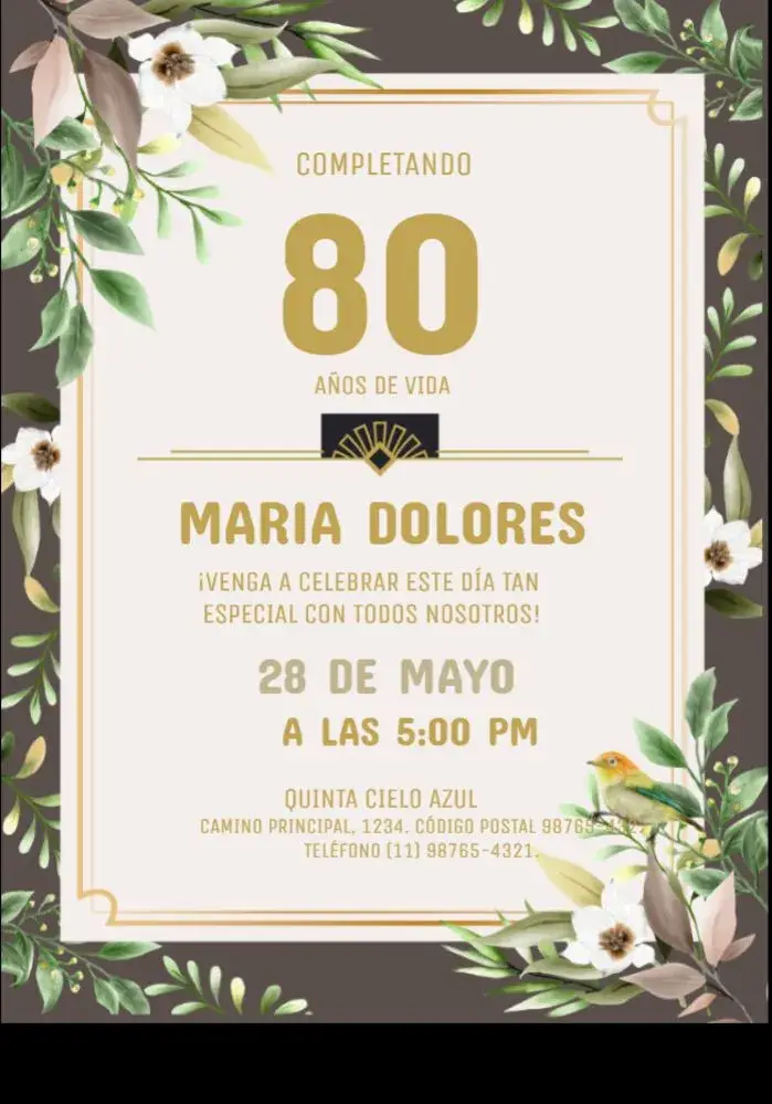 Invitación 80 Años Celebración Floral editable y personalizable
