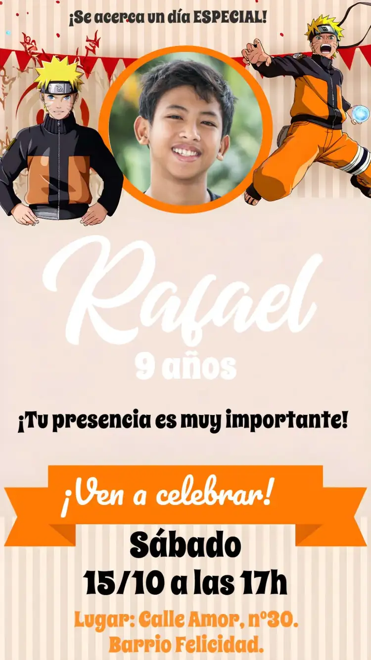 Invitación Naruto Con Foto Akatsuki – tema Cumpleaños Infantil anime, moderno, vibrante, temático, colorido, jovial