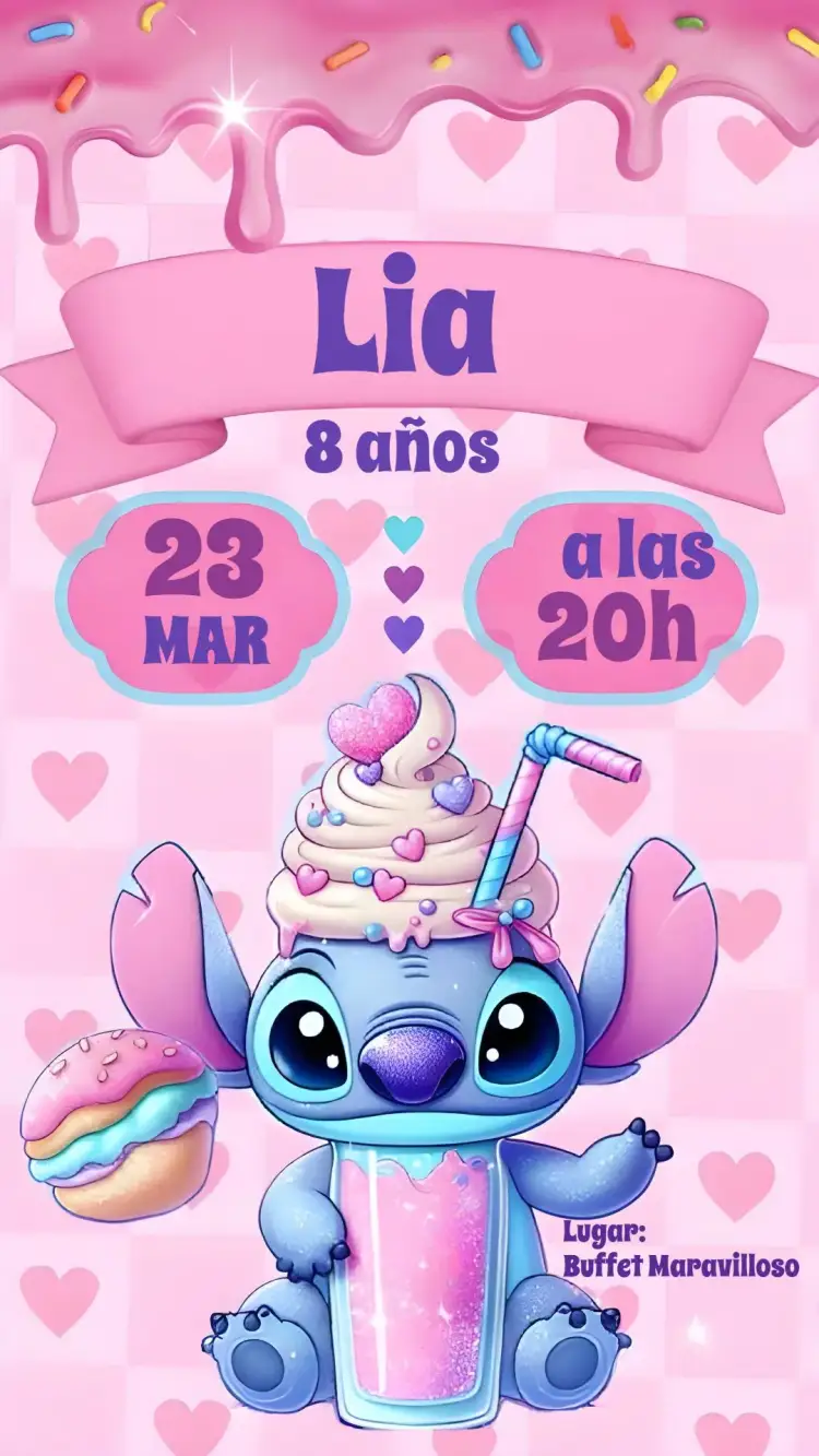 Invitación Stitch – tema Más buscados rosa, divertido, moderno, infantil, colorido