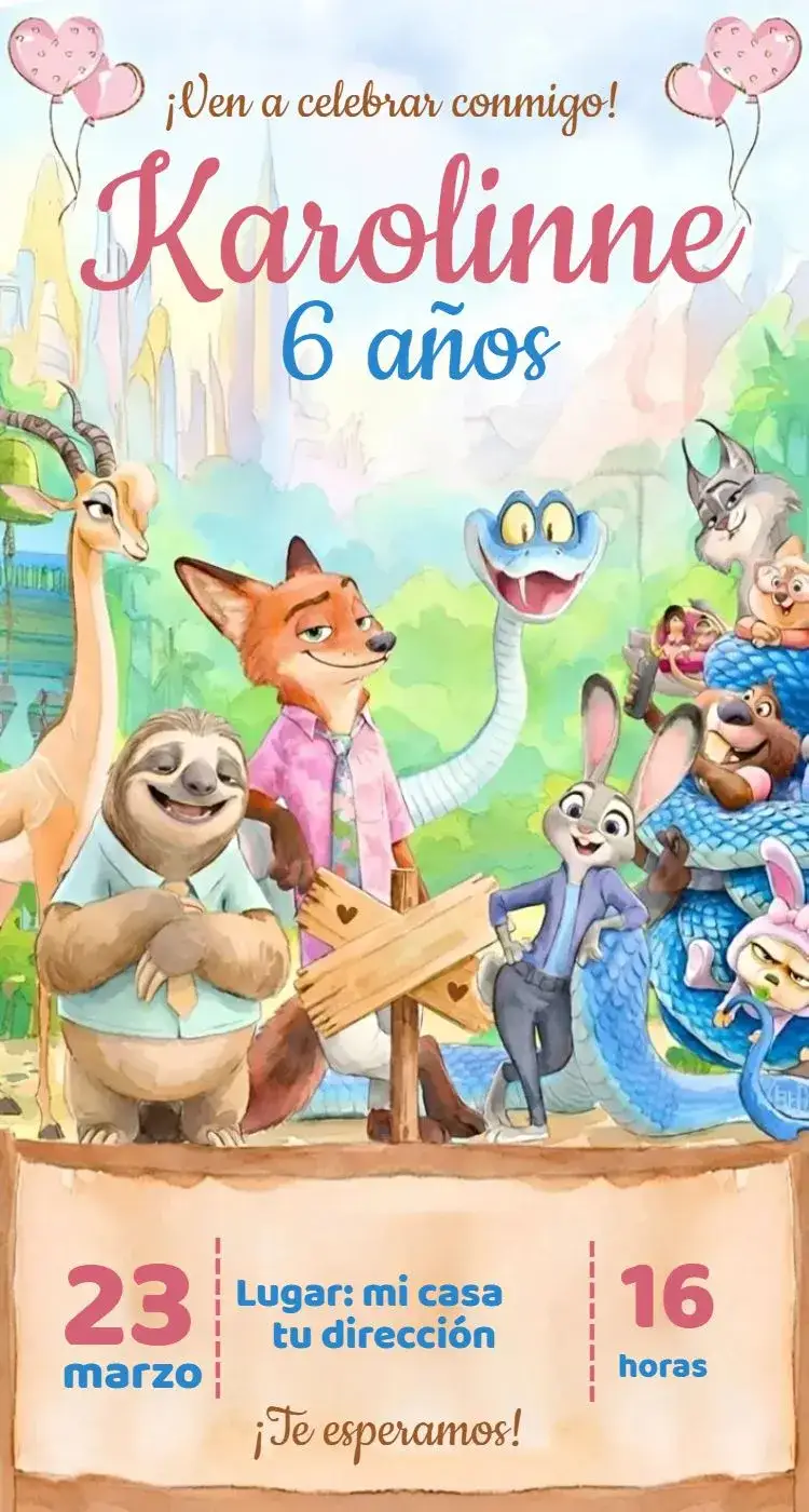 Invitación Zootopia 1 – tema Cumpleaños colorido, lúdico, divertido, moderno, infantil