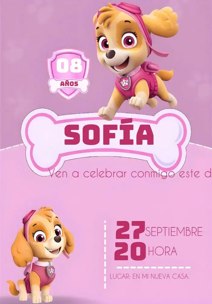 Invitación Patrulla Canina Skye Rosa