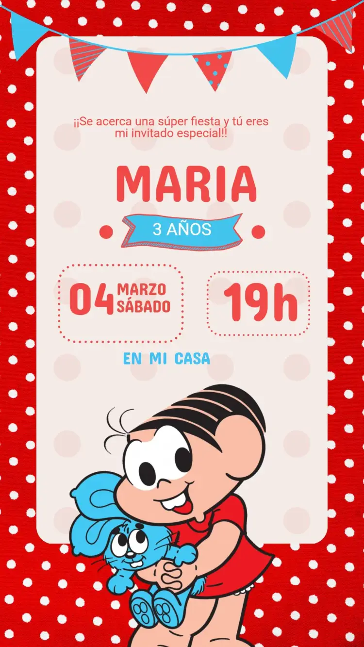 Invitación Invitación Cumpleaños Infantil Mónica - Turma da Mónica editable y personalizable