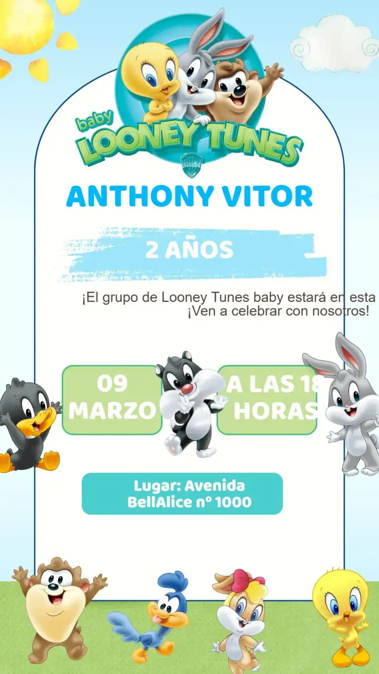 Invitación Invitación Cumpleaños Baby Looney Tunes – tema Cumpleaños Infantil colorido, divertido, infantil, animado, temático, vibrante