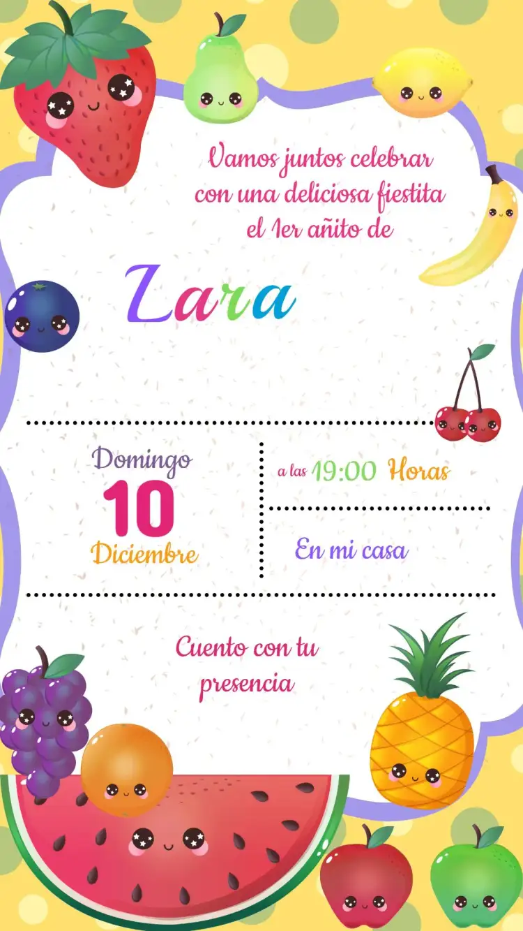 Invitación Invitación Cumpleaños Frutas – tema Cumpleaños Infantil colorido, divertido, frutal, tropical, ilustraciones animadas