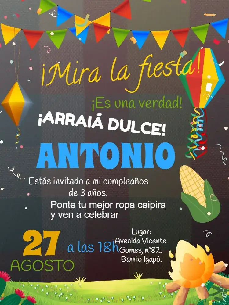 Invitación Fiesta Junina Arraiá Correio – tema Fechas Conmemorativas colorido, vintage, festivo, rústico, moderno