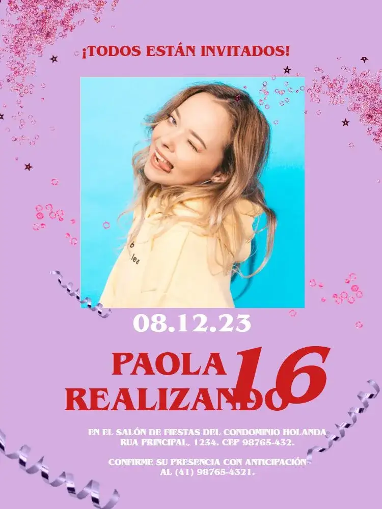 Invitación Femenino Morado Con Foto Estrella – tema Cumpleaños Infantil tonos morados, estilo juvenil, elementos de confeti, gráficos de estrellas, diseño alegre, temática femenina
