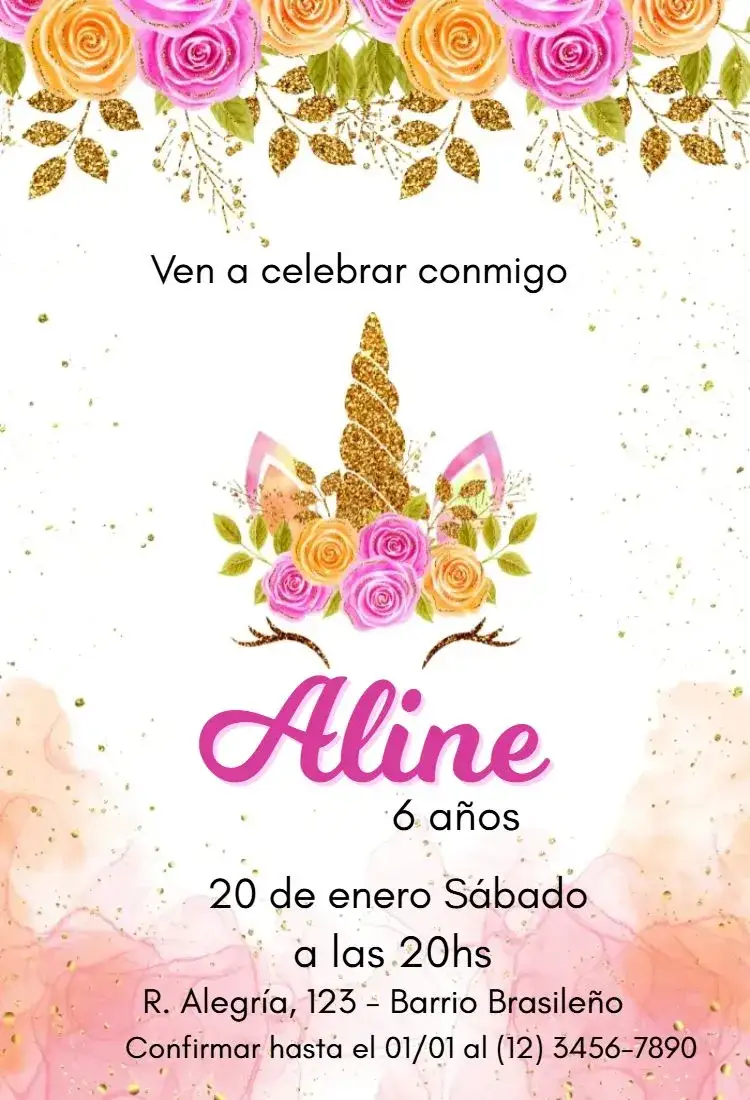 Invitación Unicornio con Flores y Purpurina – tema Cumpleaños Infantil floral, mágico, colorido, brillante, infantil