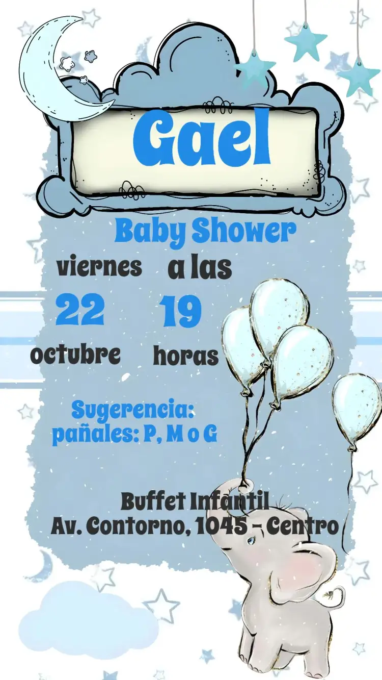 Invitación Baby Shower – tema Baby Shower azul claro, estilo moderno, elementos gráficos de bebé, ilustraciones adorables, diseño minimalista, toques lúdicos