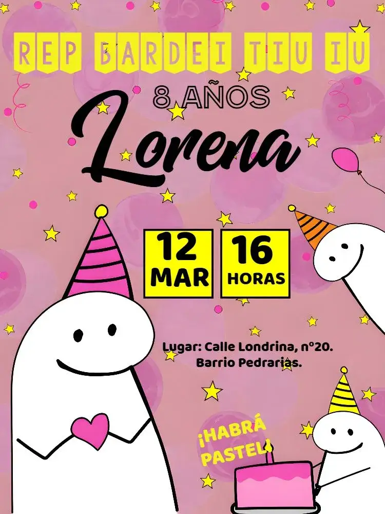 Invitación Flork Bentô Rosa – tema Más buscados colores vibrantes, estilo lúdico, elementos gráficos divertidos, diseño moderno, inspirado en dibujos animados