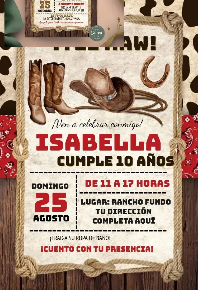 Invitación Cowboy 1 – tema Cumpleaños oeste salvaje, vibrante, divertido, colorido, rústico, aventura