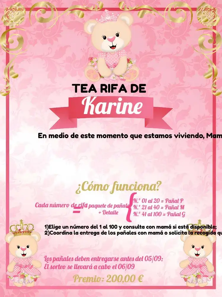 Invitación Té Rifa Osita Princesa Cartela – tema Té Rifa rosa, dorado, blanco, tierno, princesa, infantil